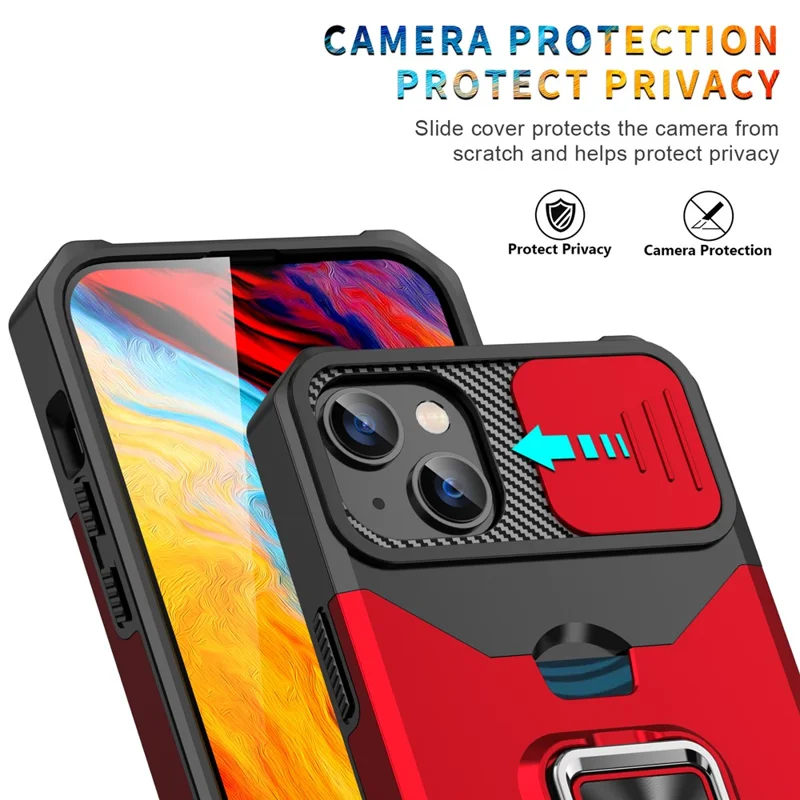 For  iPhone 15 Plus Cellphone Case PC+TPU Slide Lens Protection Shockproof Cover with Card Holder - Red