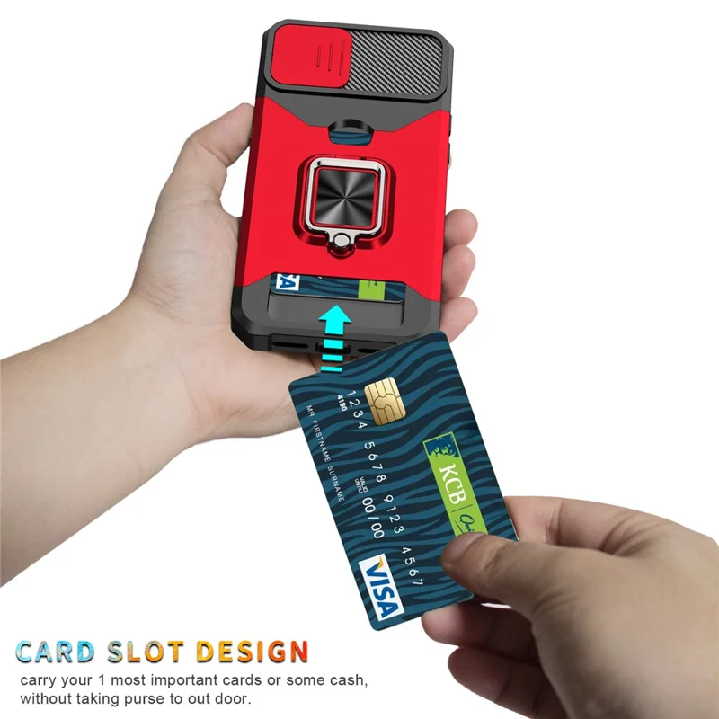 For  iPhone 15 Plus Cellphone Case PC+TPU Slide Lens Protection Shockproof Cover with Card Holder - Red