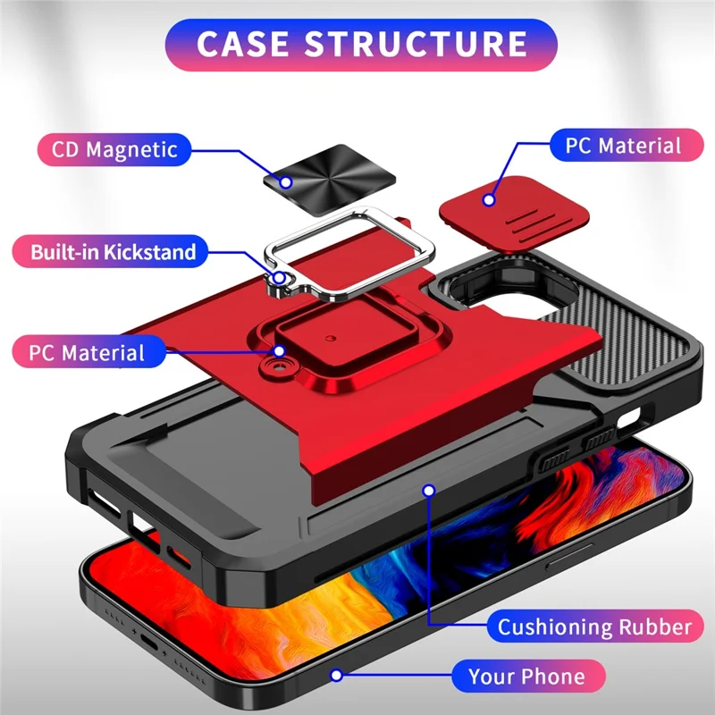 For  iPhone 15 Plus Cellphone Case PC+TPU Slide Lens Protection Shockproof Cover with Card Holder - Rose Gold