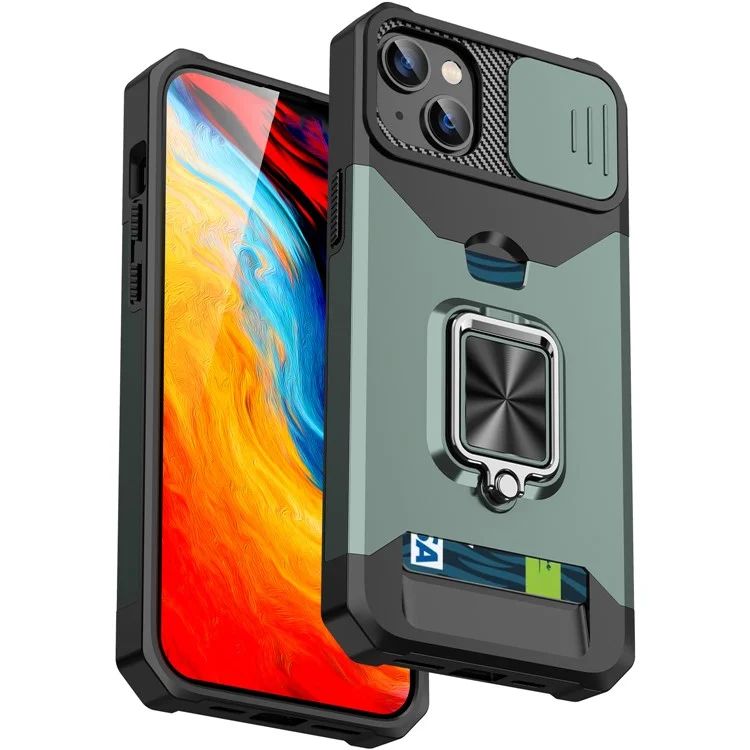 Чехол для iPhone 15 Plus Cellphone Case PC+TPU с защитой объектива от скольжения, ударопрочный чехол с держателем для карт - черно-зеленый