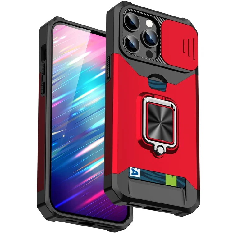 Per iPhone 15 Pro Case Anti-scratch PC+TPU Kickstand Phone Back Cover con Slide Lens Protector - Rosso