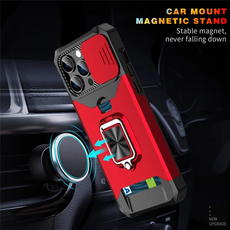 For iPhone 15 Pro Max Case Slide Lens Protection PC+TPU Phone Shell Cover with Card Slot - Red