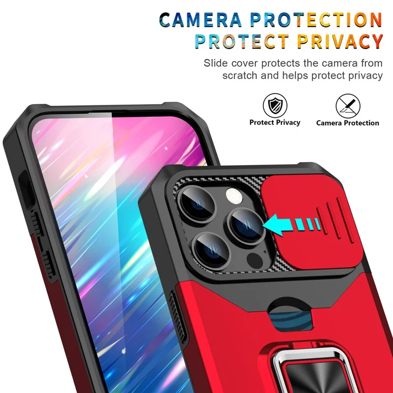 For iPhone 15 Pro Max Case Slide Lens Protection PC+TPU Phone Shell Cover with Card Slot - Red