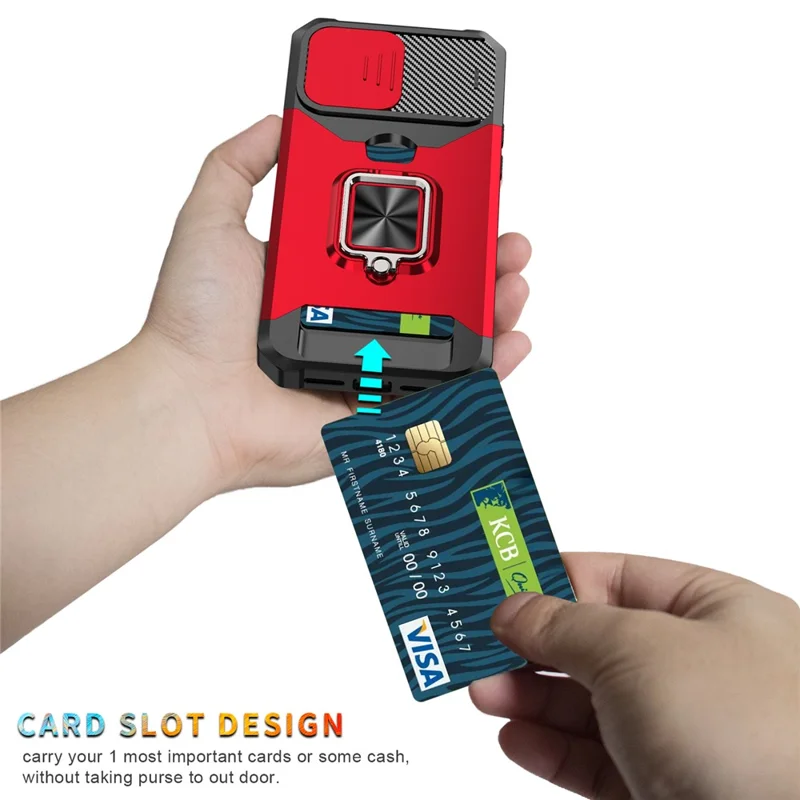 For iPhone 15 Pro Max Case Slide Lens Protection PC+TPU Phone Shell Cover with Card Slot - Red