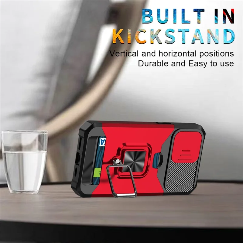 For iPhone 15 Pro Max Case Slide Lens Protection PC+TPU Phone Shell Cover with Card Slot - Blackish Green