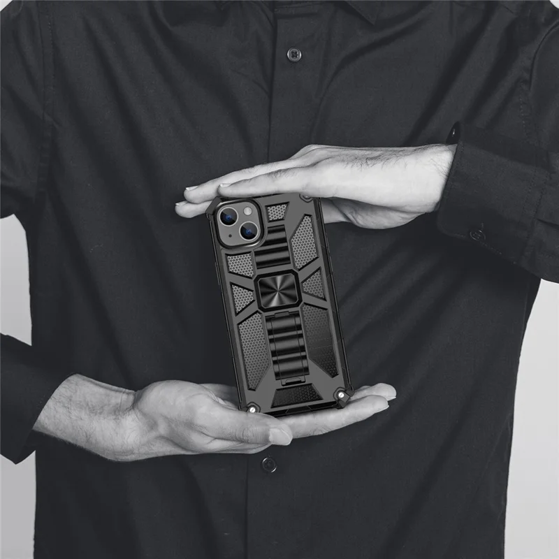 For iPhone 15 Plus Phone Case Anti-scratch Kickstand Hard PC Soft TPU Phone Shell - Gold