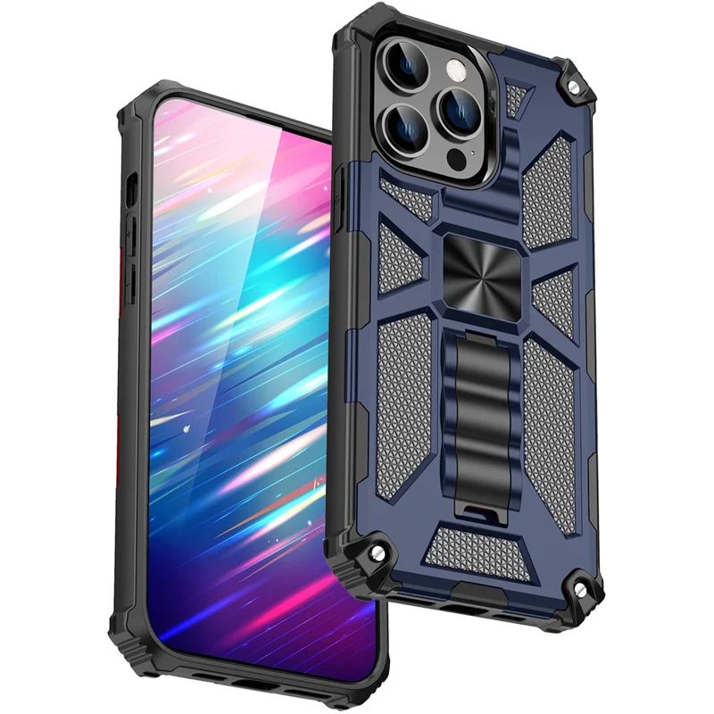 For iPhone 15 Pro Phone Case Soft TPU+Hard PC Hidden Kickstand Cover with Car Mount Metal Sheet - Blue