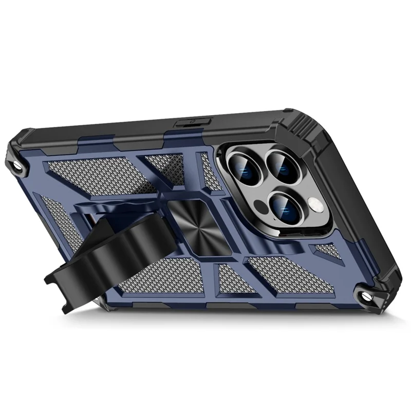 For iPhone 15 Pro Phone Case Soft TPU+Hard PC Hidden Kickstand Cover with Car Mount Metal Sheet - Blue