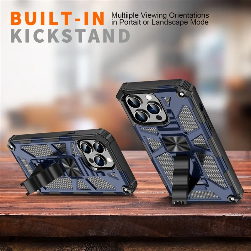 For iPhone 15 Pro Phone Case Soft TPU+Hard PC Hidden Kickstand Cover with Car Mount Metal Sheet - Blue