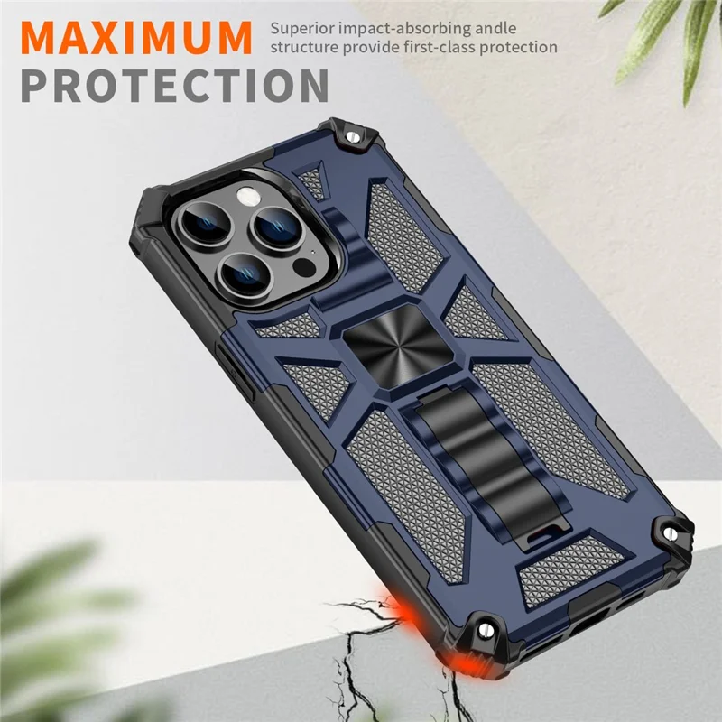 For iPhone 15 Pro Phone Case Soft TPU+Hard PC Hidden Kickstand Cover with Car Mount Metal Sheet - Blue