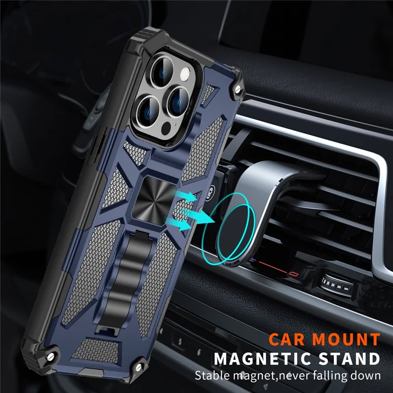 For iPhone 15 Pro Phone Case Soft TPU+Hard PC Hidden Kickstand Cover with Car Mount Metal Sheet - Blue