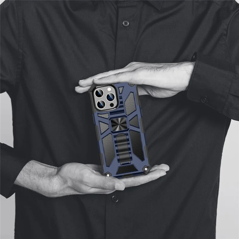 For iPhone 15 Pro Phone Case Soft TPU+Hard PC Hidden Kickstand Cover with Car Mount Metal Sheet - Blue
