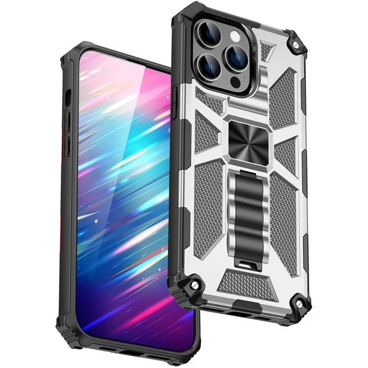 For iPhone 15 Pro Phone Case Soft TPU+Hard PC Hidden Kickstand Cover with Car Mount Metal Sheet - Silver