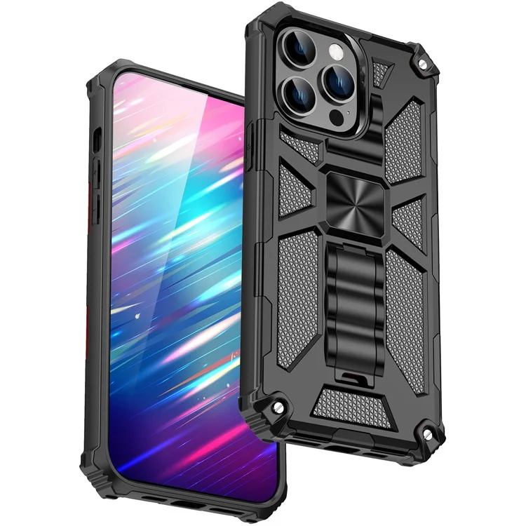 Für iPhone 15 Pro Max Handyhülle mit Ständer Weiche TPU+Harte PC Rückseite mit eingebautem Metallblech - Schwarz