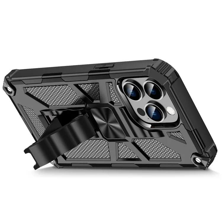 Für iPhone 15 Pro Max Handyhülle mit Ständer Weiche TPU+Harte PC Rückseite mit eingebautem Metallblech - Schwarz
