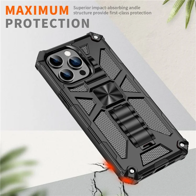 Für iPhone 15 Pro Max Handyhülle mit Ständer Weiche TPU+Harte PC Rückseite mit eingebautem Metallblech - Schwarz