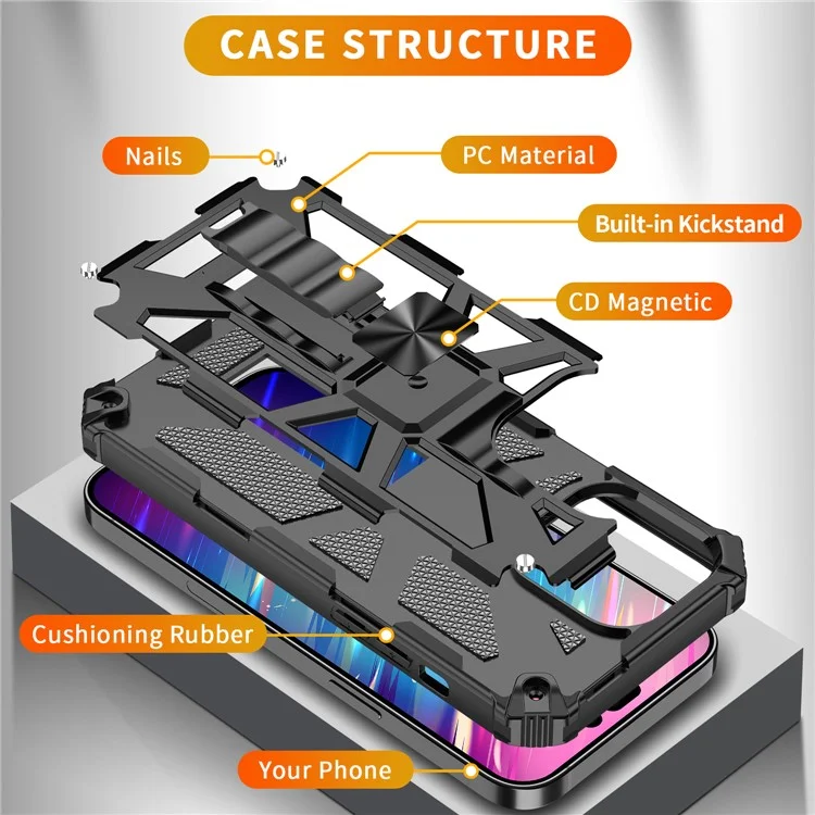 Für iPhone 15 Pro Max Handyhülle mit Ständer Weiche TPU+Harte PC Rückseite mit eingebautem Metallblech - Schwarz