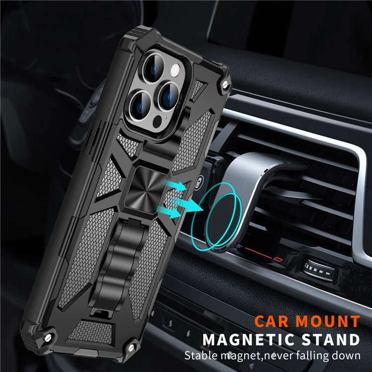 Für iPhone 15 Pro Max Handyhülle mit Ständer Weiche TPU+Harte PC Rückseite mit eingebautem Metallblech - Schwarz