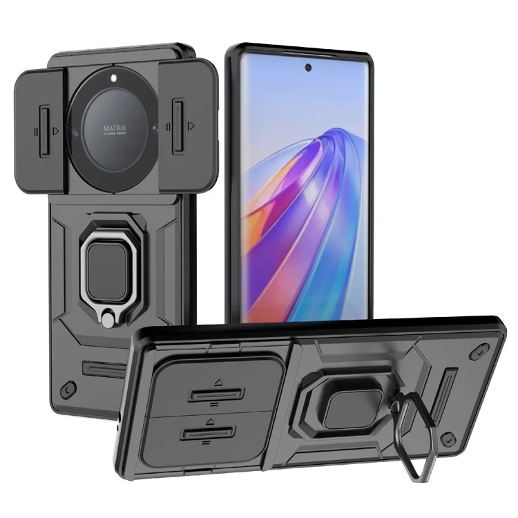 Capa do telefone For Honor X40 5G / X9a 5G / Magic5 Lite 5G com suporte e proteção para lente deslizante - Preto