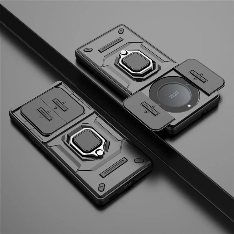 Capa do telefone For Honor X40 5G / X9a 5G / Magic5 Lite 5G com suporte e proteção para lente deslizante - Preto