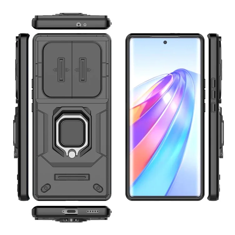 Capa do telefone For Honor X40 5G / X9a 5G / Magic5 Lite 5G com suporte e proteção para lente deslizante - Preto