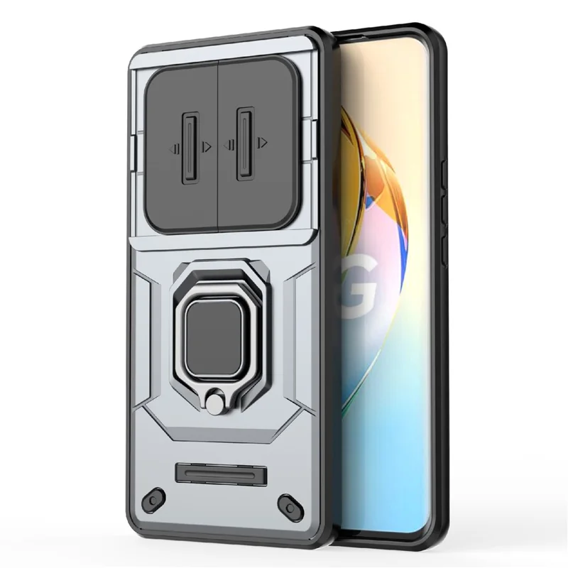 For Honor X50 5G Case Slide Lens Protection PC + TPU Kickstand Cover - Grey