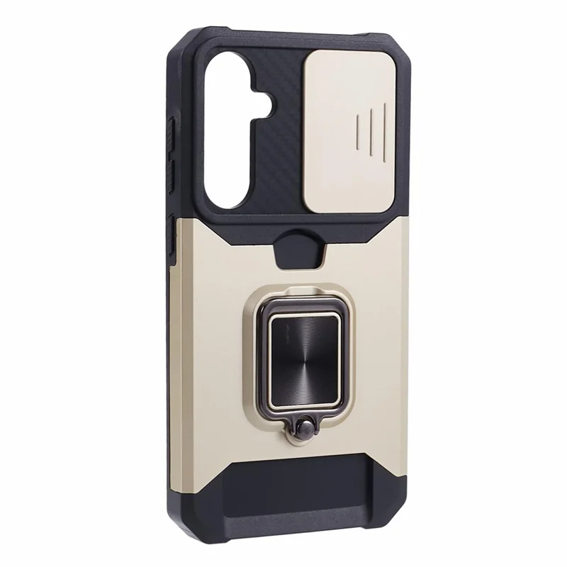 For Samsung Galaxy S23 FE Case Slide Lens Lid Kickstand Phone Cover with Card Holder - Gold
