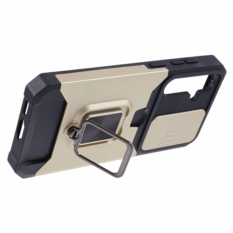 For Samsung Galaxy S23 FE Case Slide Lens Lid Kickstand Phone Cover with Card Holder - Gold