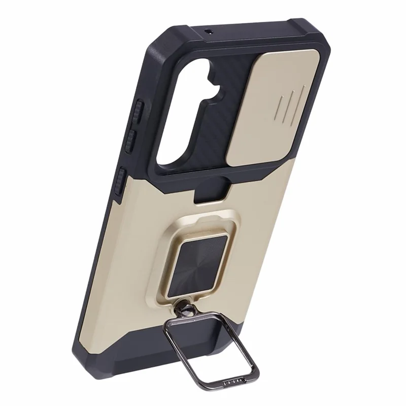 For Samsung Galaxy S23 FE Case Slide Lens Lid Kickstand Phone Cover with Card Holder - Gold