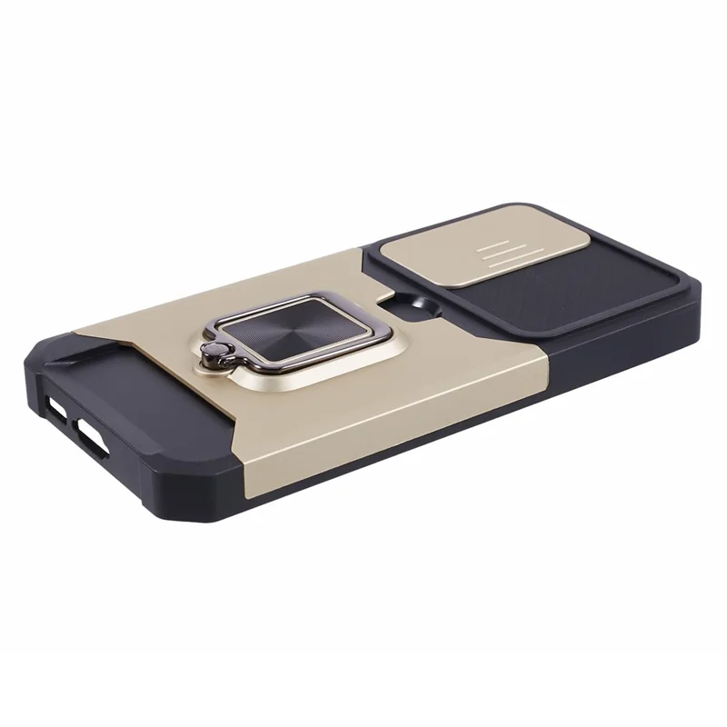 For Samsung Galaxy S23 FE Case Slide Lens Lid Kickstand Phone Cover with Card Holder - Gold