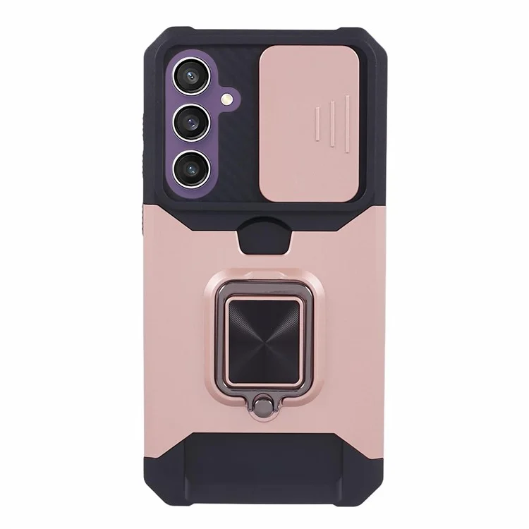 For Samsung Galaxy S23 FE Case Slide Lens Lid Kickstand Phone Cover with Card Holder - Rose Gold