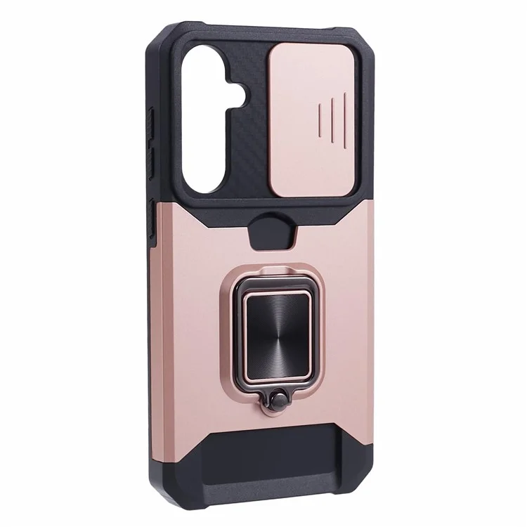 For Samsung Galaxy S23 FE Case Slide Lens Lid Kickstand Phone Cover with Card Holder - Rose Gold
