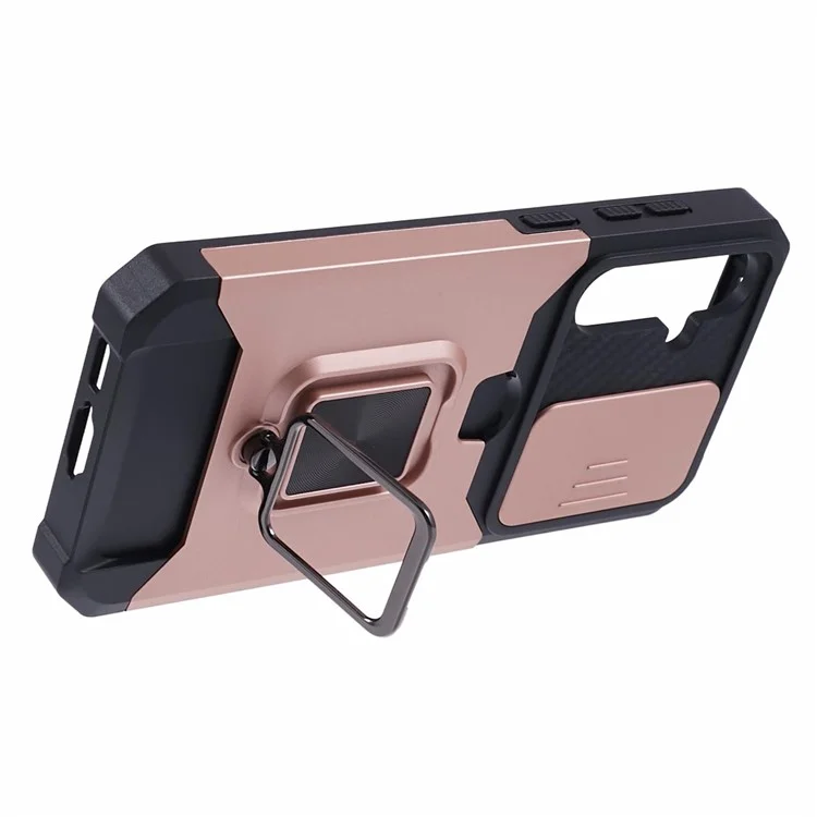 For Samsung Galaxy S23 FE Case Slide Lens Lid Kickstand Phone Cover with Card Holder - Rose Gold