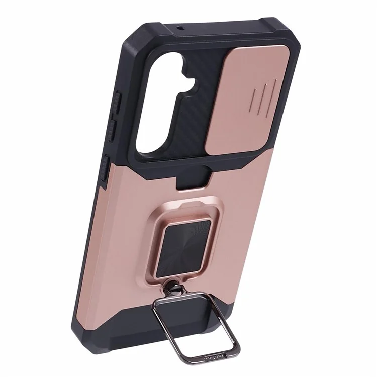 For Samsung Galaxy S23 FE Case Slide Lens Lid Kickstand Phone Cover with Card Holder - Rose Gold