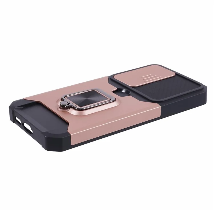 For Samsung Galaxy S23 FE Case Slide Lens Lid Kickstand Phone Cover with Card Holder - Rose Gold
