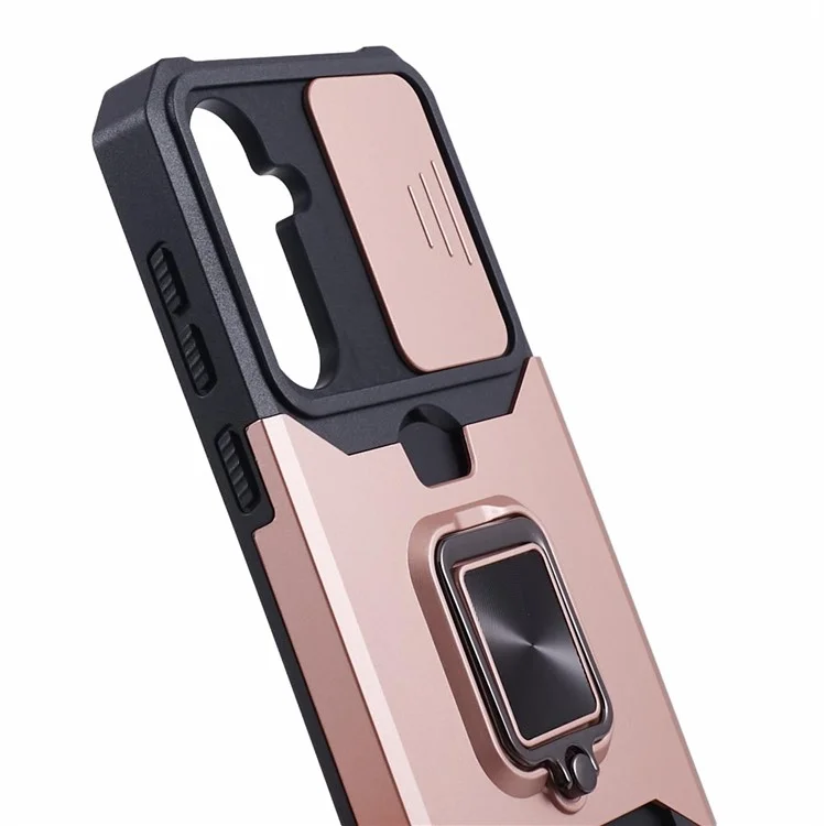 For Samsung Galaxy S23 FE Case Slide Lens Lid Kickstand Phone Cover with Card Holder - Rose Gold