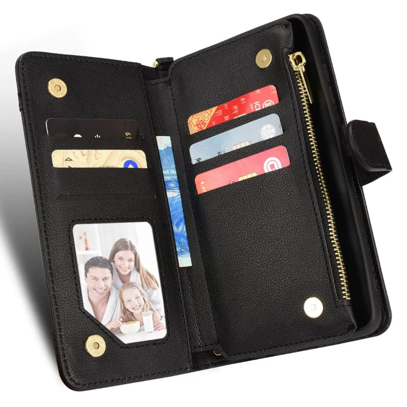 For Google Pixel 8 Pro Case Zipper Pocket Leather Stand Phone Cover - Black