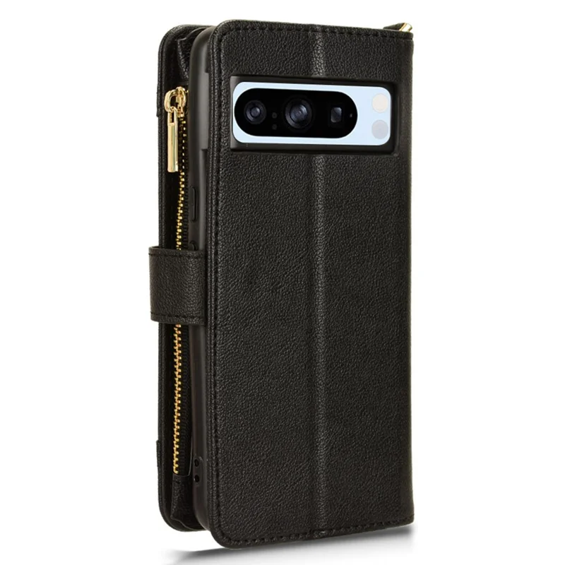For Google Pixel 8 Pro Case Zipper Pocket Leather Stand Phone Cover - Black