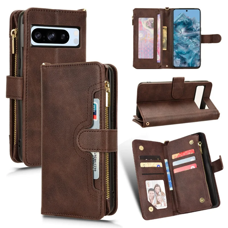 For Google Pixel 8 Pro Case Zipper Pocket Leather Stand Phone Cover - Brown