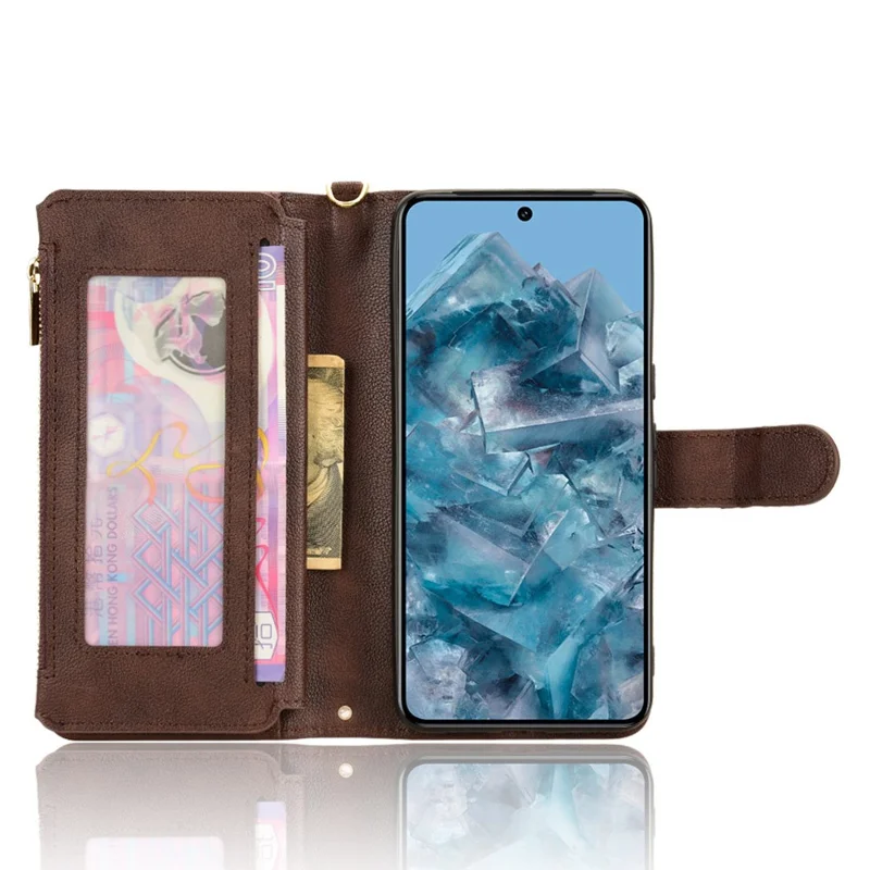 For Google Pixel 8 Pro Case Zipper Pocket Leather Stand Phone Cover - Brown