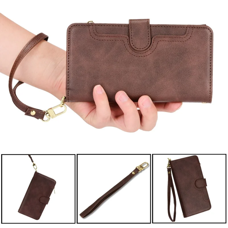 For Google Pixel 8 Pro Case Zipper Pocket Leather Stand Phone Cover - Brown