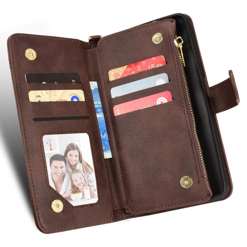 For Google Pixel 8 Pro Case Zipper Pocket Leather Stand Phone Cover - Brown