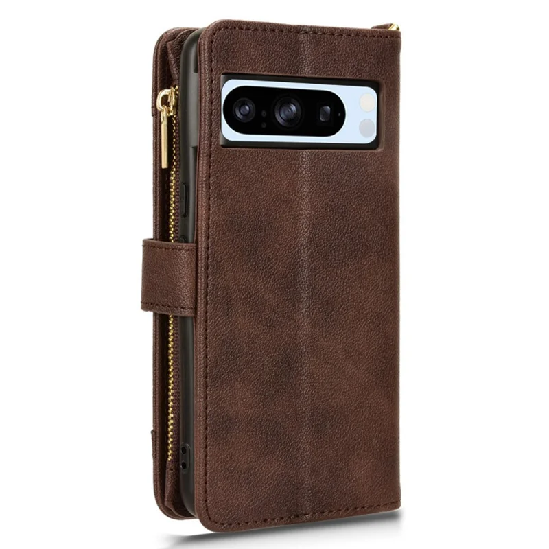 For Google Pixel 8 Pro Case Zipper Pocket Leather Stand Phone Cover - Brown