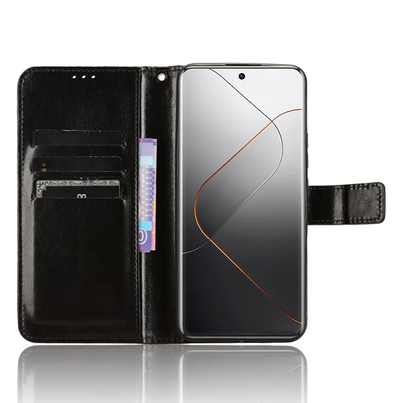 For Xiaomi 14 Pro Case Wallet PU Leather Crazy Horse Texture Phone Cover - Black