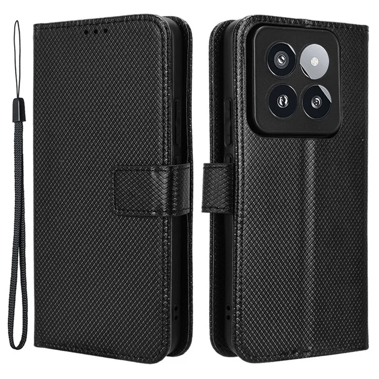 Para Xiaomi 14 Pro Case Diamond Texture PU Leather Smartphone Shell Cover Wallet - Preto