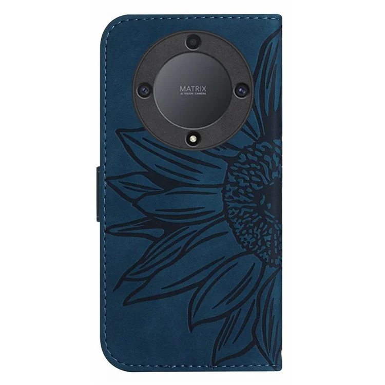 HT04 For Honor X9b 5G / Magic6 Lite 5G Case Imprinted Leather Anti-scratch Phone Cover with Shoulder Strap - Dark Blue