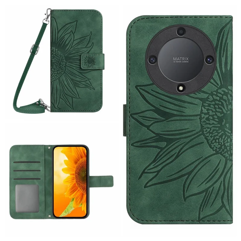 HT04 For Honor X9b 5G / Magic6 Lite 5G Case Imprinted Leather Anti-scratch Phone Cover with Shoulder Strap - Dark Green