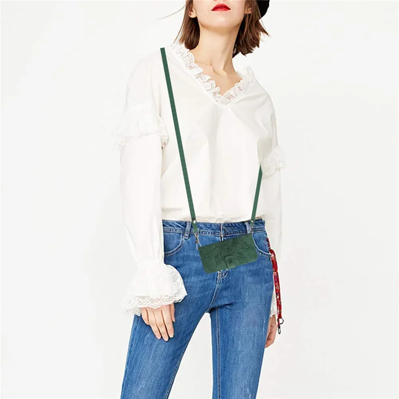 HT04 For Honor X9b 5G / Magic6 Lite 5G Case Imprinted Leather Anti-scratch Phone Cover with Shoulder Strap - Dark Green