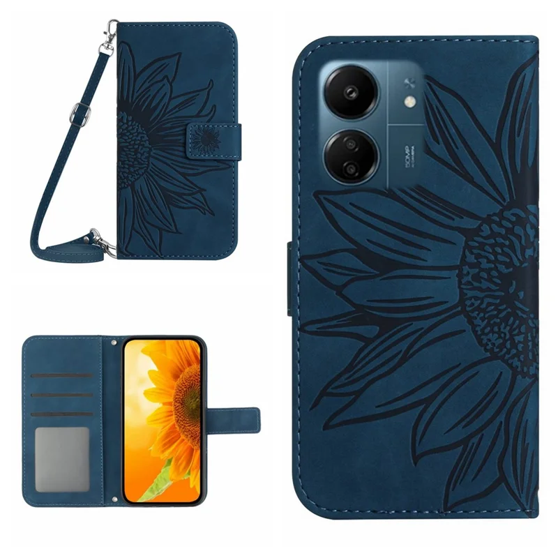 HT04 For Xiaomi Redmi 13C 4G / 5G / 13R 5G / Poco M6 5G / Poco C65 4G Case Sunflower Imprinted Leather Flip Phone Cover with Shoulder Strap - Dark Blue