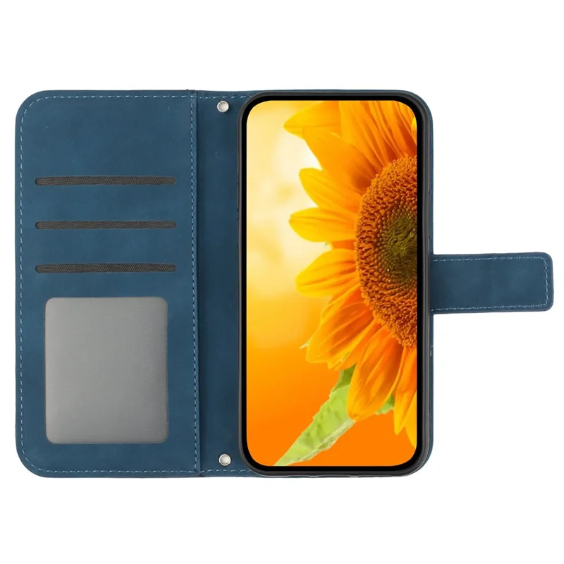 HT04 For Xiaomi Redmi 13C 4G / 5G / 13R 5G / Poco M6 5G / Poco C65 4G Case Sunflower Imprinted Leather Flip Phone Cover with Shoulder Strap - Dark Blue